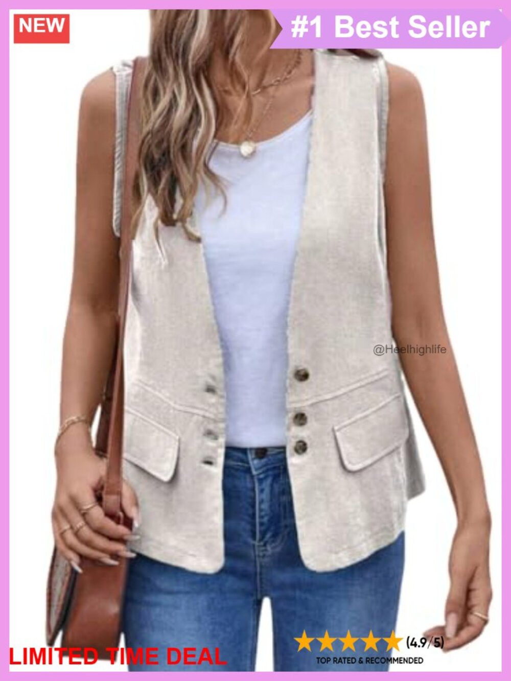 Cotton Linen Vest Sleeveless Button Down Jacket Casual Lightweight